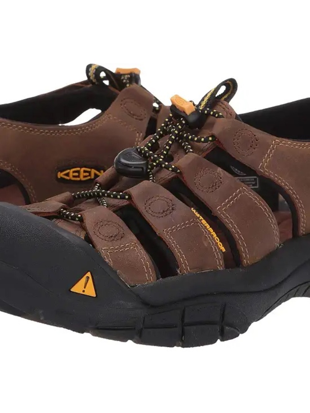 KEEN Brown Leather Outdoor Sandal with Black Sole and Yellow Accents